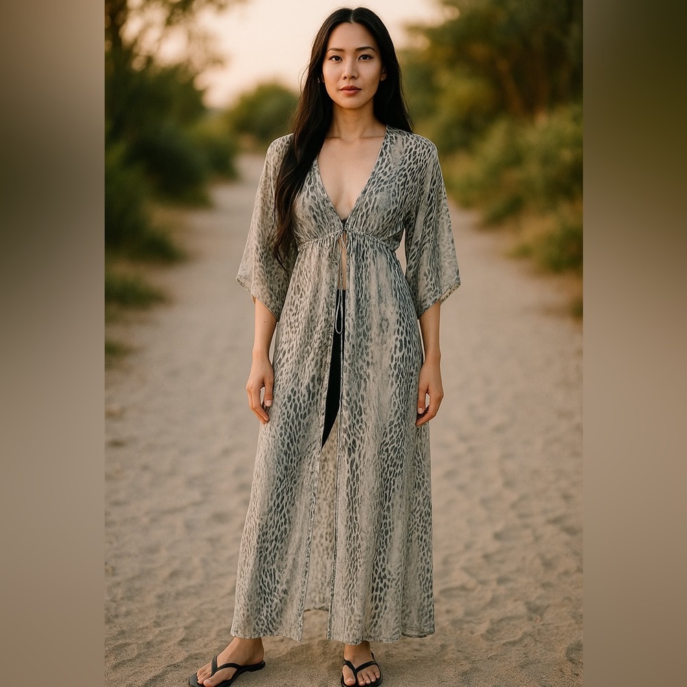 NWOT Silk Organza Duster Kimono Maxi Animal Print Beach Travel Summer | Sz XS/S